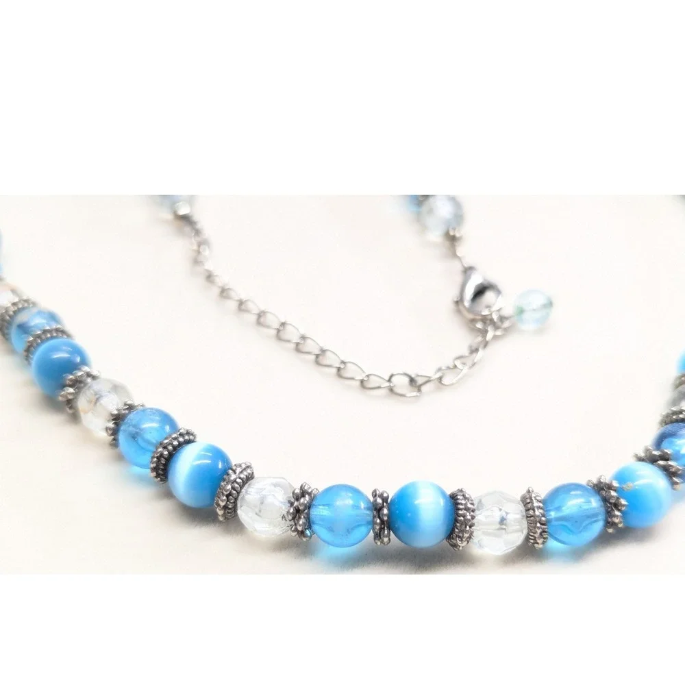 Vintage Beaded Necklace Blue Cats Eye‎ Glass Silver Tone Boho Strand Clear Beads